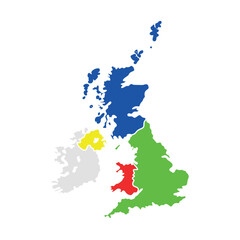Colorful political map silhouette of the United Kingdom and Ireland with constituent countries