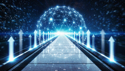 Digital Pathway of the Future: An abstract vision of technological advancement, with a digital sphere at the end of a pathway, symbolizing progress, connectivity and data flow.