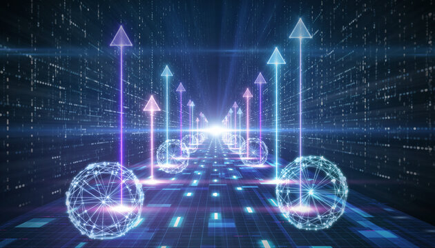Technological Advancement: A visualization of a digital pathway, with glowing spheres and ascending arrows that represent growth and progress.