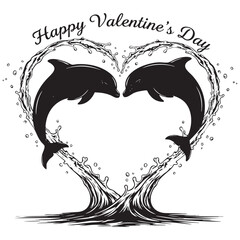 Happy Valentine's Day greeting card with two dolphins jumping to form a heart shape with water splash. Black and white vector illustration.