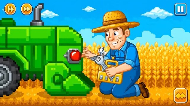 Pixelated illustration of a farmer fixing a green tractor in a wheat field on a sunny day