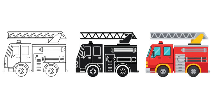 Three fire trucks in outline, silhouette, and colorful flat design styles, depicted sidebyside