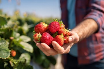 A farmer is holding a handful of freshly picked ripe strawberries in his hand, with strawberry plants visible in the background on a sunny day