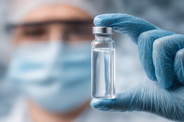 Closeup of a medical professional in blue gloves holding a clear vial filled with liquid, representing vaccine development and healthcare solutions