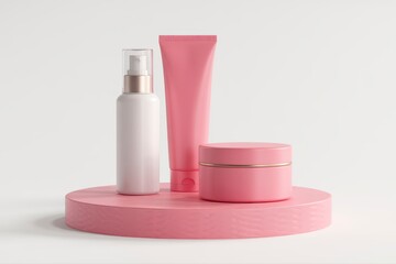 Elegant skincare set on a pink pedestal, perfect for advertising beauty and wellness products, conveying luxury and modern aesthetics in your brand visuals