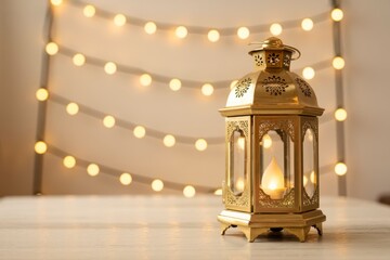 Elegant gold lantern casting a warm glow, perfect for Ramadan celebrations or festive decor, with bokeh lights adding a touch of magic and serenity