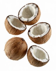 Fresh, cracked coconuts on a bright white background evoke tropical vacations and healthy eating, perfect for food blogs and wellness campaigns.