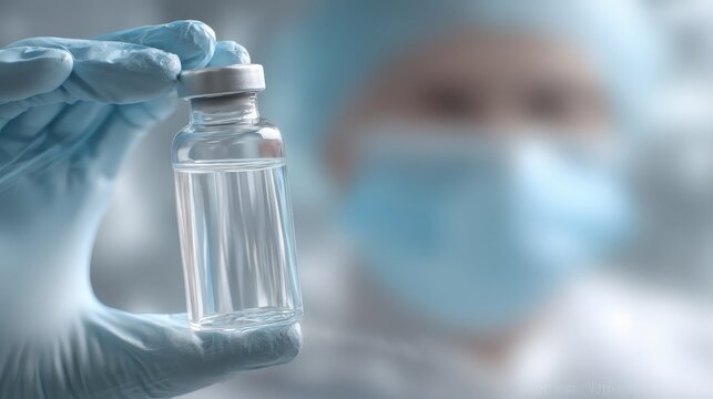 A medical professional in protective gear holds a vial of clear liquid, possibly a vaccine or medication, in a laboratory setting, ready for use