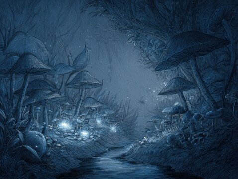 Enchanting twilight forest path illuminated by glowing mushrooms and mystical fireflies, a magical dreamscape adventure awaits.