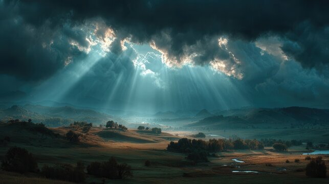 Moody sky with rolling clouds and beams of light breaking through