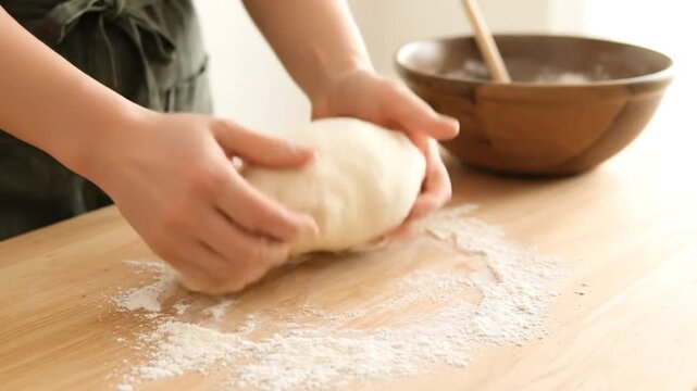 Hands kneading dough in a wooden bowl on a wooden countertop with other baking tools