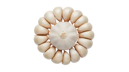 Garlic cloves arranged in a circle, isolated on transparent background, offering a fresh, aromatic perspective