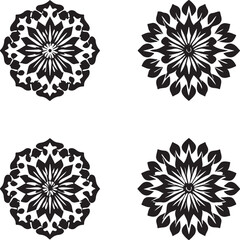 Four black mandala designs arranged in a square grid pattern