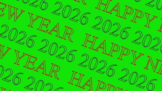 Repeating pattern of HAPYNEWYEAR and 2026 in red and black outline font on a green background