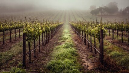 Fototapeta premium Vineyard Rows Vanish into Misty Morning Valley Vista