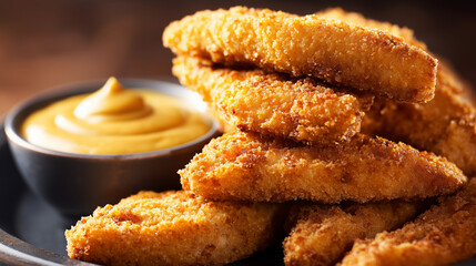 crispy mini chicken tenders with golden breading, stacked on tray, served with honey mustard dip, soft warm lighting, macro crunch detail, fast-casual food style