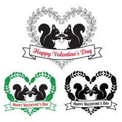 Happy Valentine's Day design set with cute squirrel couple holding an acorn inside heart shaped wreath. Vector silhouette illustration with ribbon banner