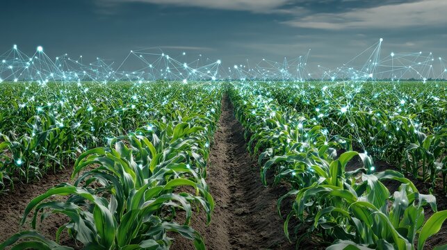 A futuristic cornfield showcasing technology integration with digital connections overlaid, symbolizing smart farming and precision agriculture.