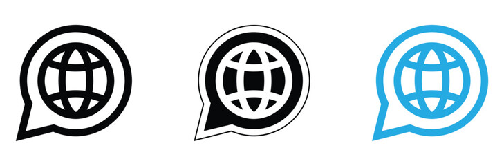 Engage globally with these modern world globe icons featuring stylish chat bubble design elements perfect for modern communication concepts