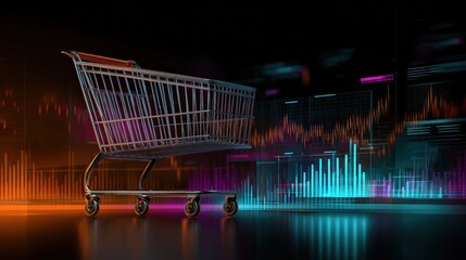 A digital shopping cart is set against a vibrant background of colorful data graphs, symbolizing online commerce and analytics.