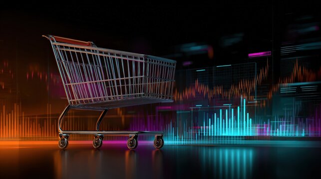 A digital shopping cart is set against a vibrant background of colorful data graphs, symbolizing online commerce and analytics.