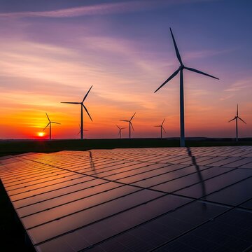 Renewable energy farm featuring blue solar panels and wind turbines under a vibrant evening sky