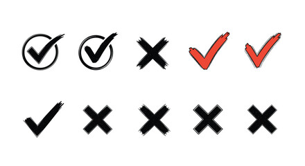 Collection of hand-drawn checkmarks and crosses in black and red, symbolizing choices.