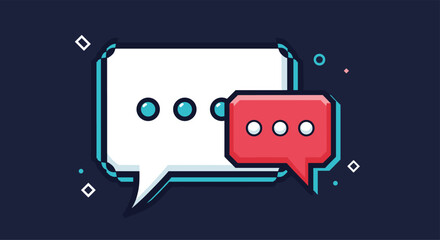 Illustration of two chat bubbles, one white and one red, with dots inside, on a dark blue background.