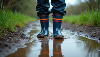 Person in rain boots stands in puddle on path. Rainy season walk on nature. Footwear reflected in water surface. Rain boots are blue with orange lines. Child walk in mud.
