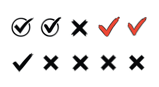 Collection of hand-drawn checkmarks and crosses in black and red, symbolizing choices.
