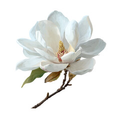 Naklejka premium Bright white magnolia flower blooming on a branch with green leaves in a serene setting showcasing its delicate beauty during springtime