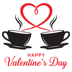 Happy Valentine's Day Coffee Date Concept, Two Cups with Steam Forming a Red Heart Shape Vector Illustration