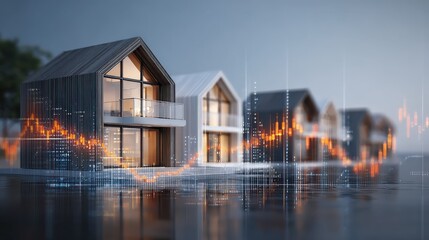 Modern houses with sleek designs are depicted against a digital backdrop, merging architecture with financial graphs and data visualization.