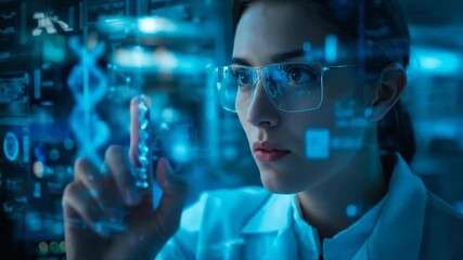 Female scientist or doctor in a lab coat and futuristic AR glasses interacting with holographic screen showing DNA data. Hi-tech medical research. - Powered by Adobe