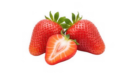 Three fresh ripe red strawberries with green leaves one sliced in half showing seeds and juicy pulp isolated on transparent background