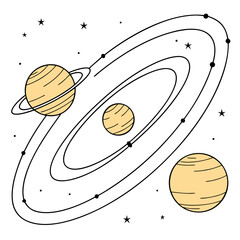 Stylized illustration of a solar system with planets orbiting a central star and distant stars in the background © pppp