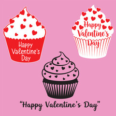 Set of Happy Valentine's Day Cupcakes with Heart Sprinkles, Sweet Muffin Dessert Vector Illustration and Silhouette on Pink Background