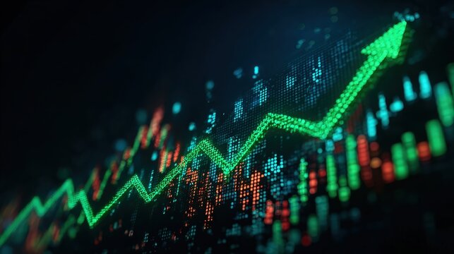A digital representation of an upward trend, showcasing a graph with green and red data points against a dark background.