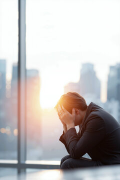 Stressed corporate professional in grey suit standing near window with head in hands, feeling burnout and despair in bright modern office environment