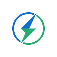 Modern green and blue thunderbolt icon in circle for renewable energy, tech, and science-related projects.
