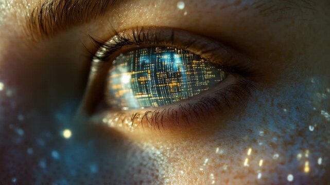 Video A close-up view of a person's eye with a computer chip implanted, suitable for futuristic or sci-fi themed designs