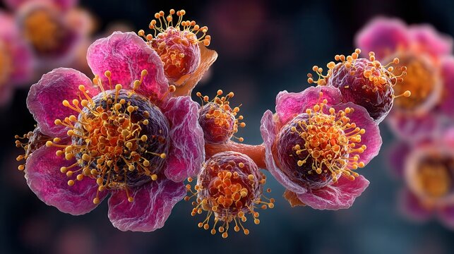 Close-up of spherical virus-like cells in soft pink environment