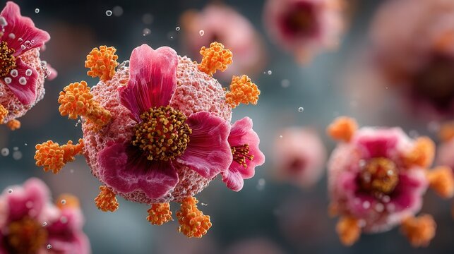 Close-up of spherical virus-like cells in soft pink environment