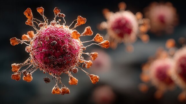 Close-up of spherical virus-like cells in soft pink environment