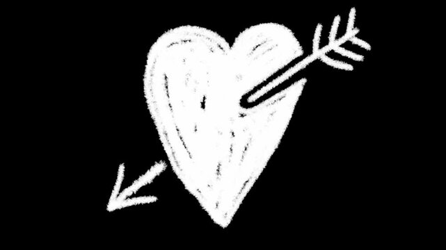 An abstract animated loop of a white, scribbled heart pierced by an arrow, set against a pure black background. The scene represents love, heartbreak, emotion, and motion graphics.