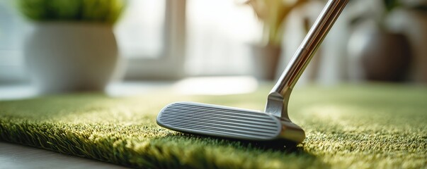 A close-up view of a vacuum cleaner on a green carpet, capturing the cleaning process in a bright, well-lit indoor setting.