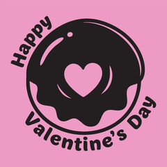 Happy Valentine's Day Donut with Heart Shaped Hole, Chocolate Glazed Sweet Pastry Vector Illustration on Pink Background