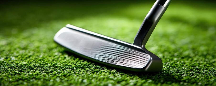 A close-up of a golf putter resting on a green surface, emphasizing the sleek design and textured face for precision putting.