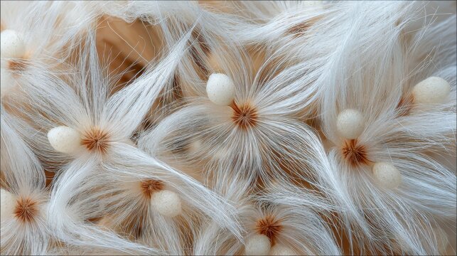 Close-up of delicate white seed pods surrounded by fine, wispy fibers creating an intricate natural pattern in soft neutral tones