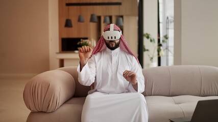 Arab man using VR headset, experiencing virtual reality simulation, technology